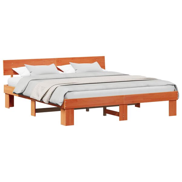 vidaXL Bed Frame with Headboard Wax Brown 200 x 200 cm Solid Pine Wood