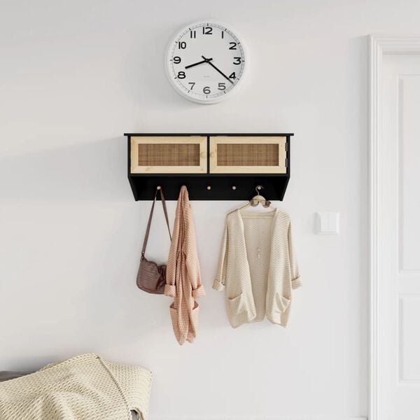 vidaXL Wall-mounted Coat Rack Black Engineered Wood and Natural Rattan