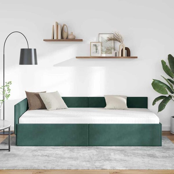vidaXL Corner Bed Frame Dark Green 100 cm x 200 cm Velvet