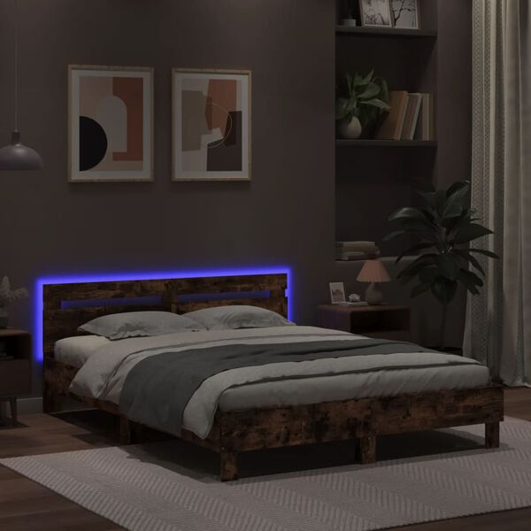 vidaXL Bed Frame with LED without Mattress Smoked Oak 140x190 cm