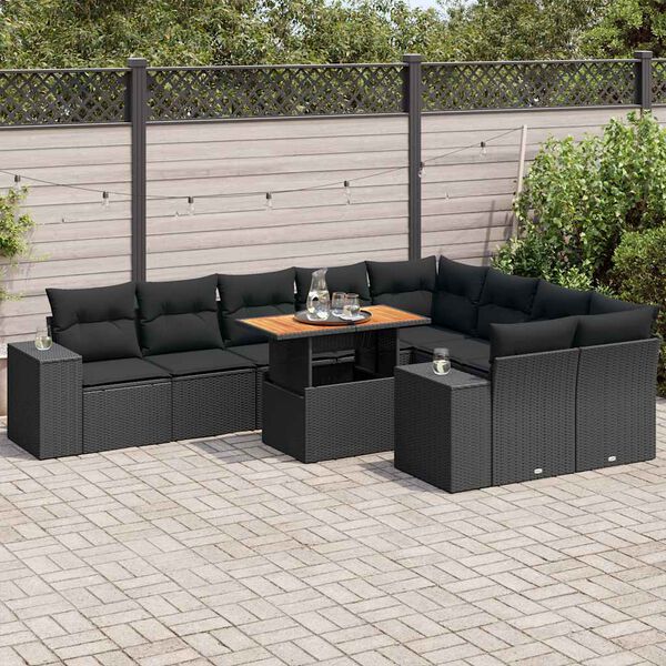 vidaXL 10 Piece Garden Sofa Set with Cushions Black Poly Rattan Acacia