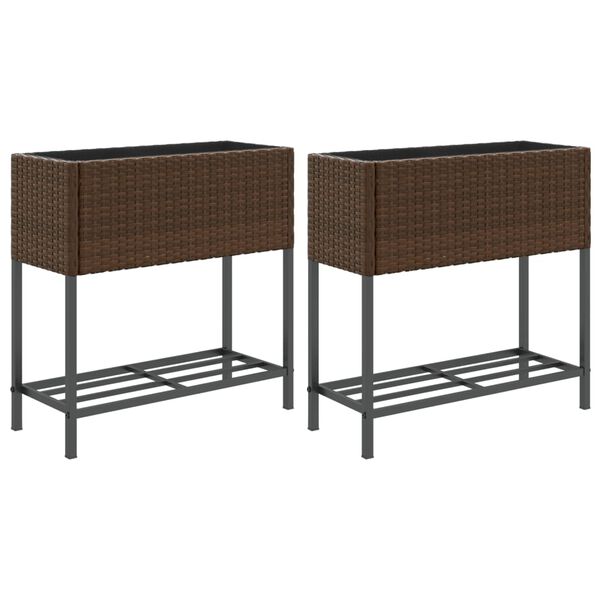 vidaXL Garden Planters with Shelf 2 pcs Brown 70x28x70 cm Poly Rattan