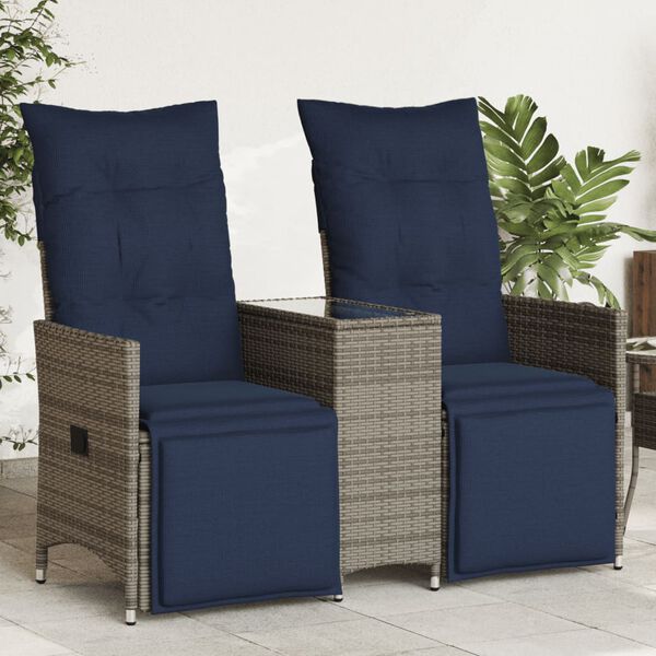 vidaXL Reclining Garden Sofa 2-Seater with Table Grey Poly Rattan