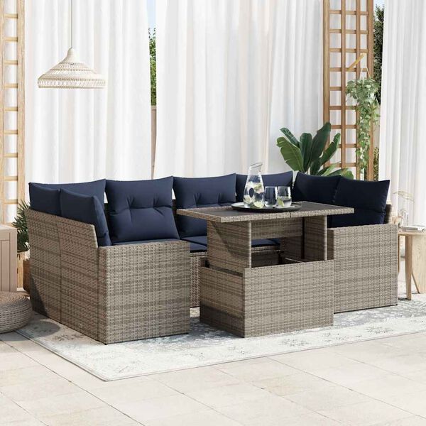 vidaXL 7 Piece Garden Sofa Set with Cushions Grey Poly Rattan Acacia