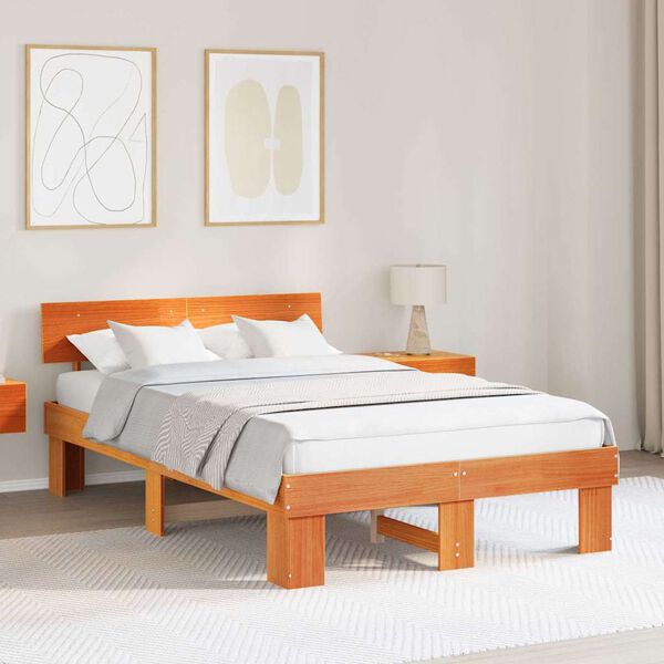 vidaXL Bed Frame with Headboard Wax Brown 120 x 200 cm Solid Pine Wood