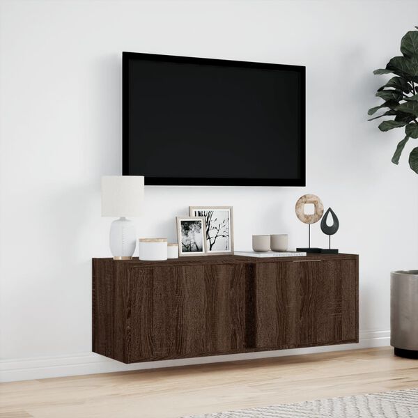 vidaXL TV Wall Cabinet with LED Lights Brown Oak 100x31x35 cm