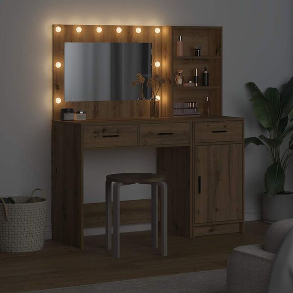 vidaXL Dressing Table with Mirror Lights 2 pcs Brown Engineered Wood