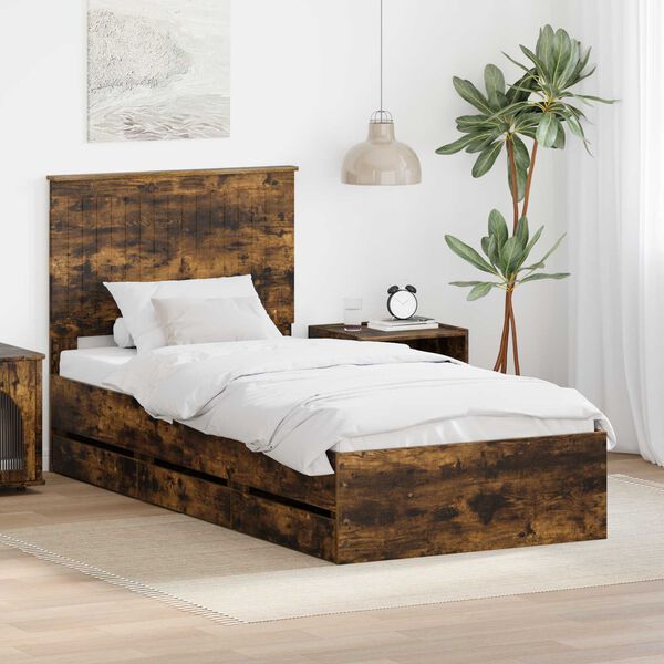 vidaXL Bed Frame with Drawer Smoked Oak 90 x 200 cm Engineer Wood