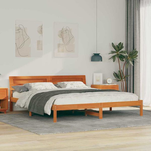 vidaXL Bed Frame with Headboard Wax Brown 180 x 200 cm Solid Pine Wood