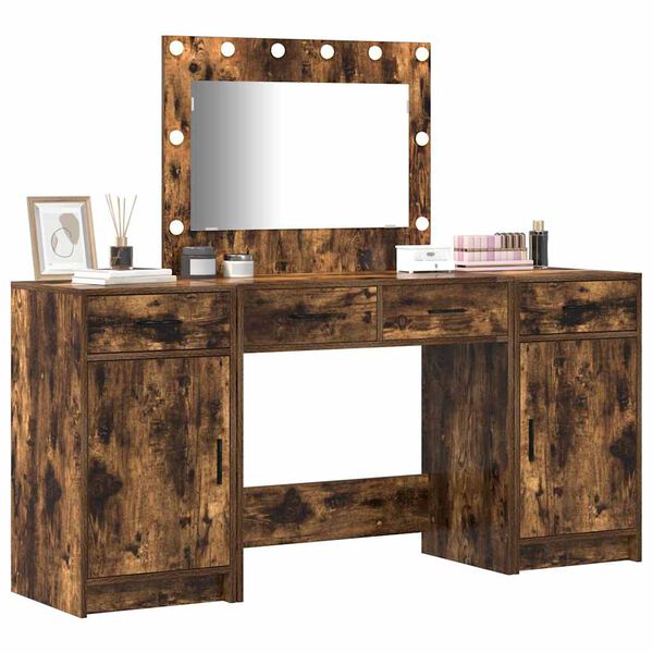 vidaXL Dressing Table with Mirror Lights 3 pcs Brown Engineered Wood