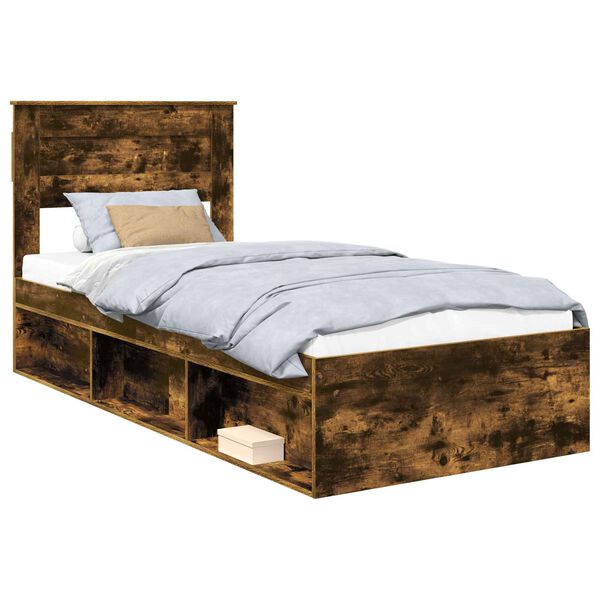 vidaXL Bed Frame with Mattress Smoked Oak 90 x 200 cm Solid Pine Wood