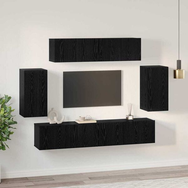 vidaXL TV Cabinet Set Wall-mounted 6 pcs Black Oak Engineered Wood
