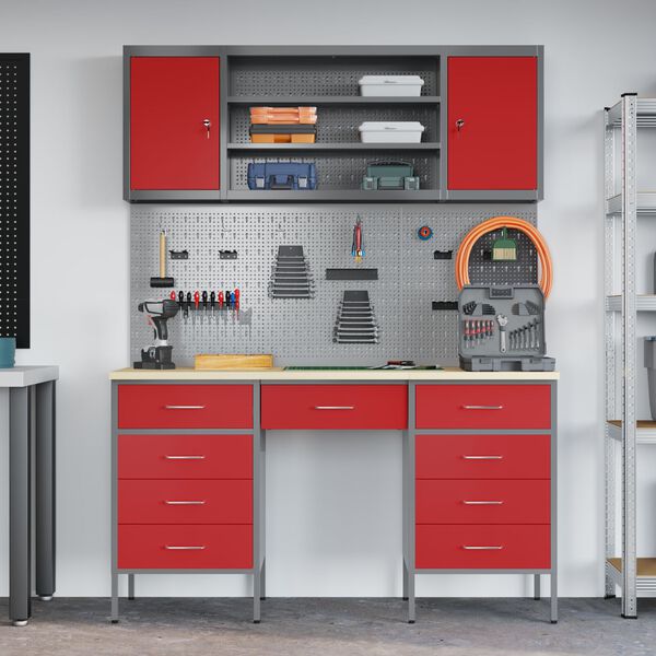 vidaXL Work Cabinet with Drawer with Lock 7 pcs Red 150 x 55 x 200 cm