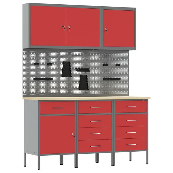 vidaXL Work Bench with Drawer 8 pcs Red 150 x 55 x 200 cm Steel