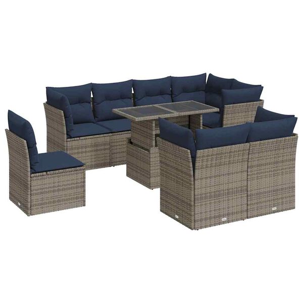 vidaXL 9 Piece Garden Sofa Set with Cushions Grey Poly Rattan Acacia