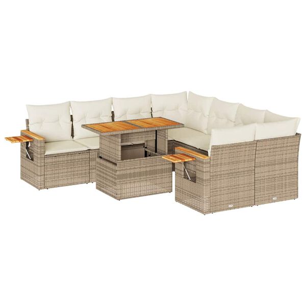 vidaXL 9 Piece Garden Sofa Set with Cushions Beige Poly Rattan Acacia