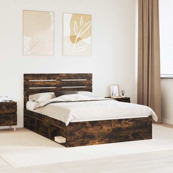 vidaXL Bed Frame Smoked Oak 140 x 200 cm Solid Pine Wood