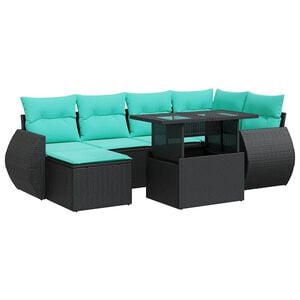 vidaXL 7 Piece Garden Sofa Set with Cushions Black Poly Rattan Acacia