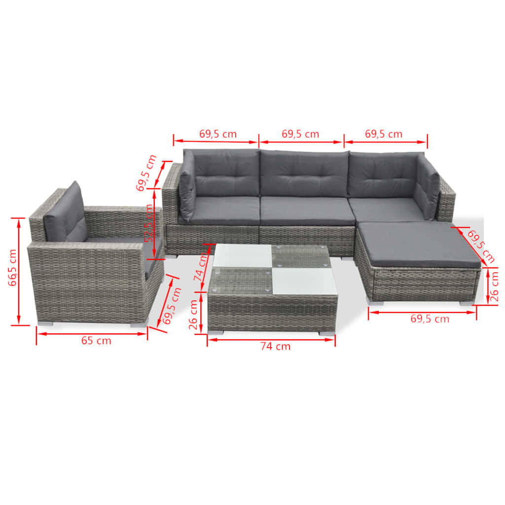 Vidaxl 6 piece garden lounge set with cushions poly rattan clearance grey