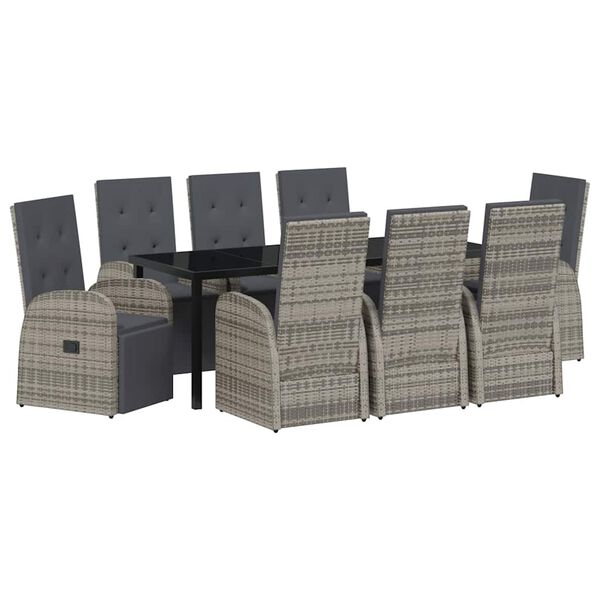 vidaXL Garden Dining Set with Cushion 9 pcs Grey Poly Rattan