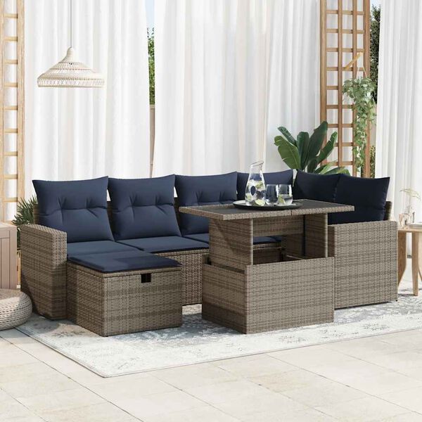 vidaXL 7 Piece Garden Sofa Set with Cushions Grey Poly Rattan Acacia