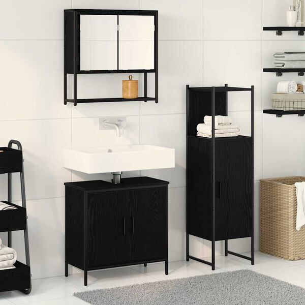vidaXL Bathroom Furniture Set with Shelf 3 pcs Black Engineered wood