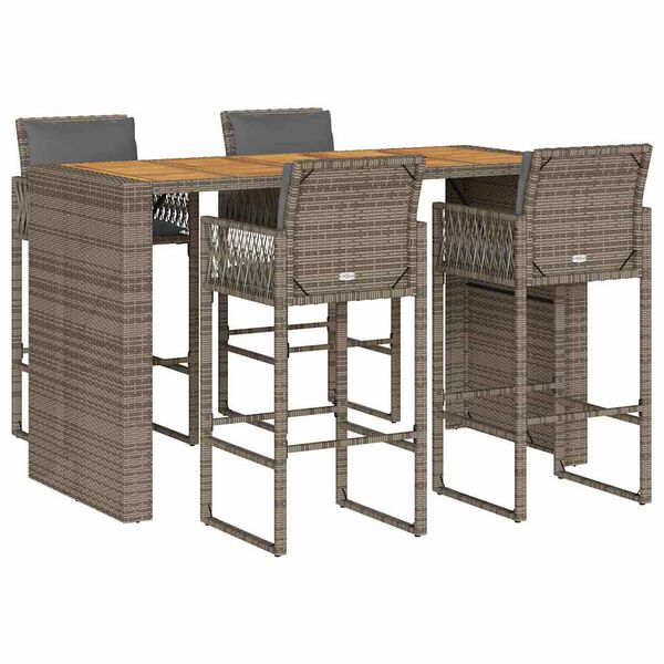 vidaXL 5 Piece Garden Bar Set with Cushions Grey Poly Rattan Acacia