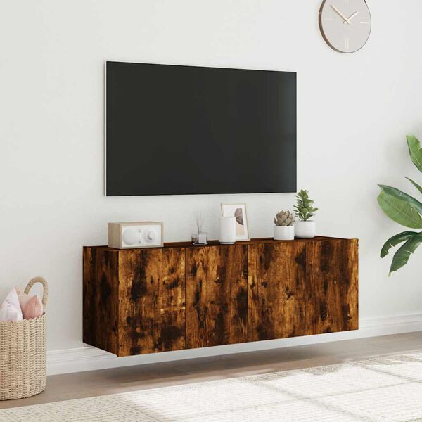vidaXL TV Wall Cabinets with LED Lights 2 pcs Smoked Oak 60x35x41 cm