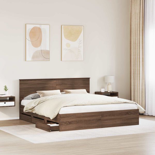 vidaXL Bed Frame with Drawer Brown Oak 200 x 200 cm Engineer Wood