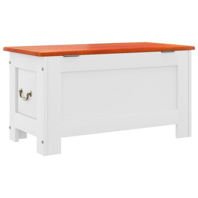 White storage bench with orange wood top and side drawer, visible side handle.