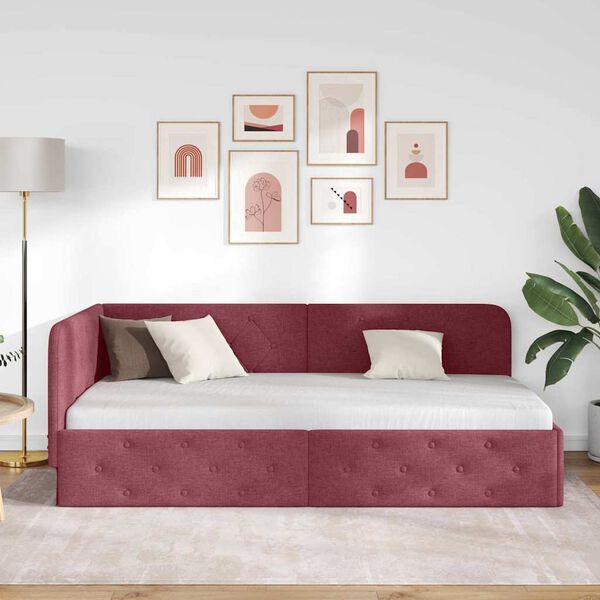 vidaXL Corner Bed Frame with Headboard Wine Red 90 x 190 cm Fabric