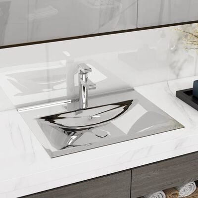 vidaXL Wash Basin with Overflow 60x46x16 cm Ceramic Silver
