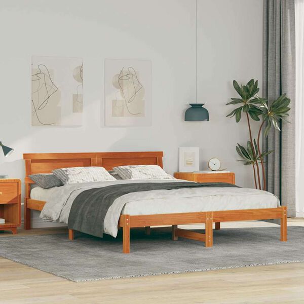 vidaXL Bed Frame with Headboard Wax Brown 150 x 200 cm Solid Pine Wood