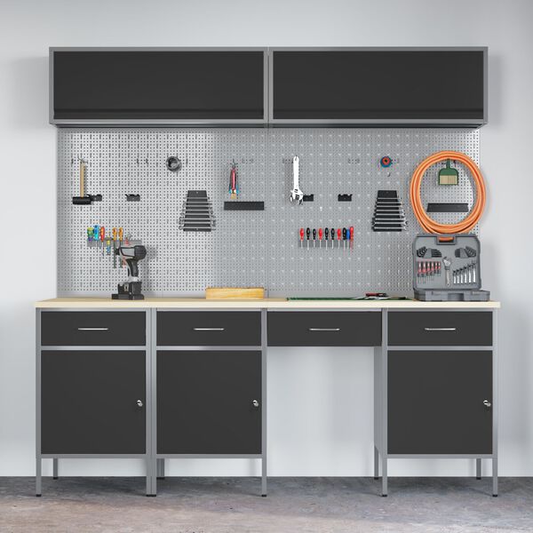 vidaXL Work Bench with Drawer 10 pcs Black 200 x 55 x 200 cm Steel