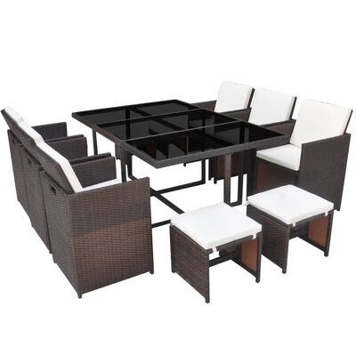 vidaXL 11 Piece Outdoor Dining Set with Cushions Poly Rattan Brown