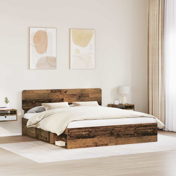 vidaXL Bed Frame with Headboard Old Wood 200 x 200 cm Solid Pine Wood