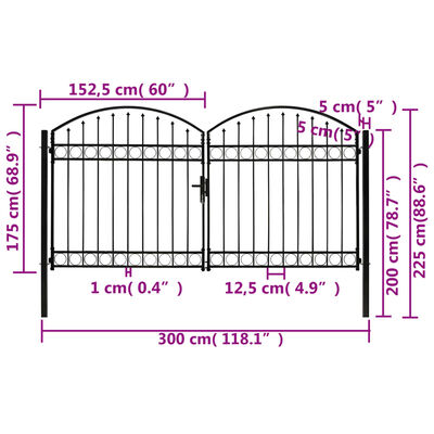 vidaXL Fence Gate Double Door with Arched Top Steel 300x175 cm Black
