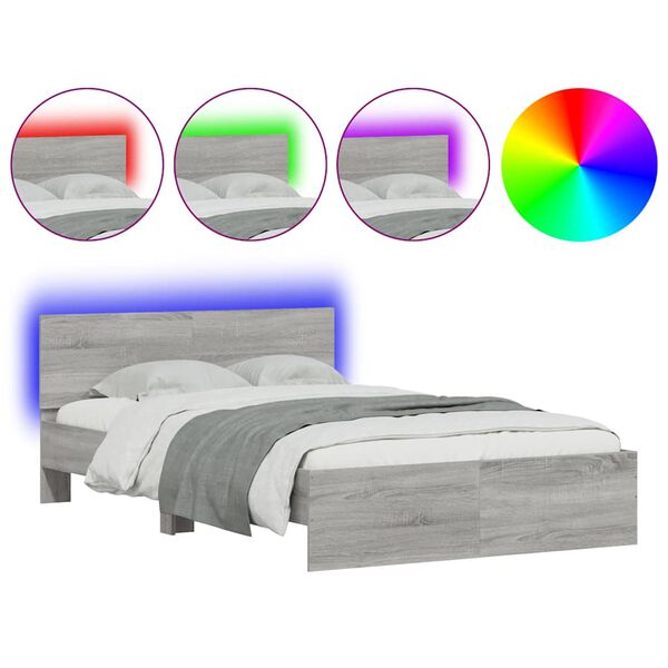 vidaXL Bed Frame with Headboard and LED Grey Sonoma 120x200 cm