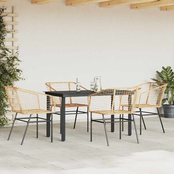 vidaXL 5 Piece Garden Dining Set Brown Poly Rattan Glass