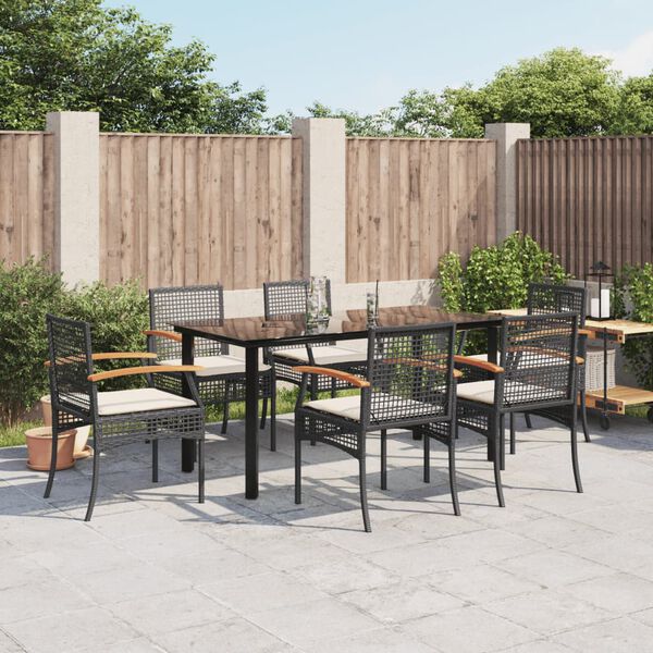 vidaXL 7 Piece Garden Dining Set with Cushions Black Poly Rattan