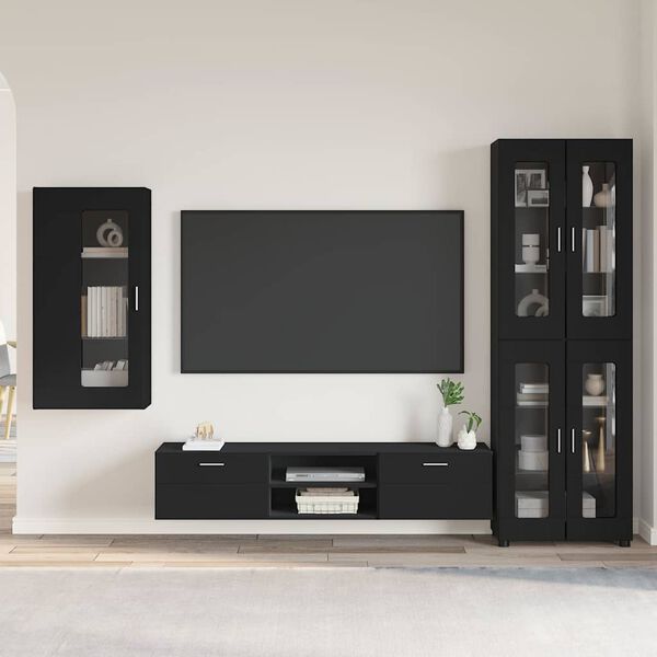 vidaXL TV Cabinet Set with Drawer FLORIN Black Engineered Wood