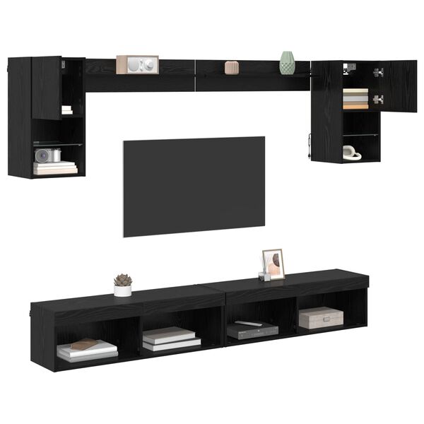 vidaXL TV Wall Units with LED with LED 6 pcs Black Oak Engineered Wood