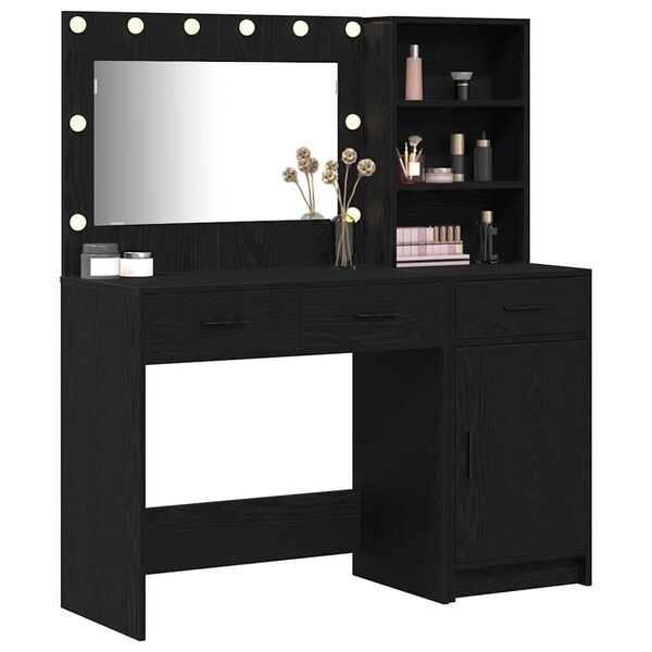 vidaXL Dressing Table with Mirror Lights 2 pcs Black Engineered Wood
