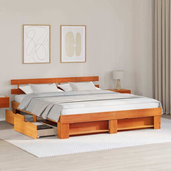 vidaXL Bed Frame with Headboard Wax Brown 180 x 200 cm Solid Pine Wood