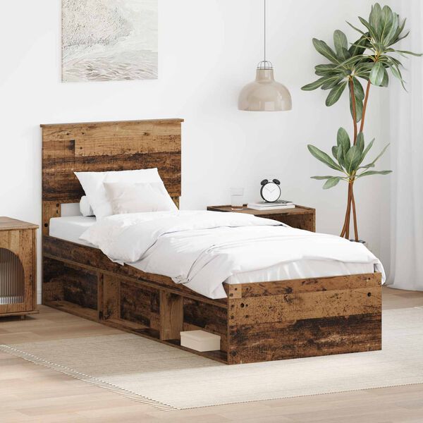 vidaXL Bed Frame with Headboard Old Wood 75 x 190 cm Solid Pine Wood