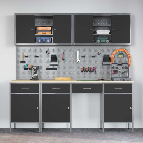 vidaXL Work Bench with Drawer 10 pcs Black 200 x 55 x 200 cm Steel