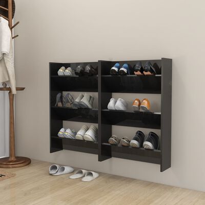 vidaXL Wall Shoe Cabinets 2 pcs High Gloss Black 60x18x90cm Engineered Wood