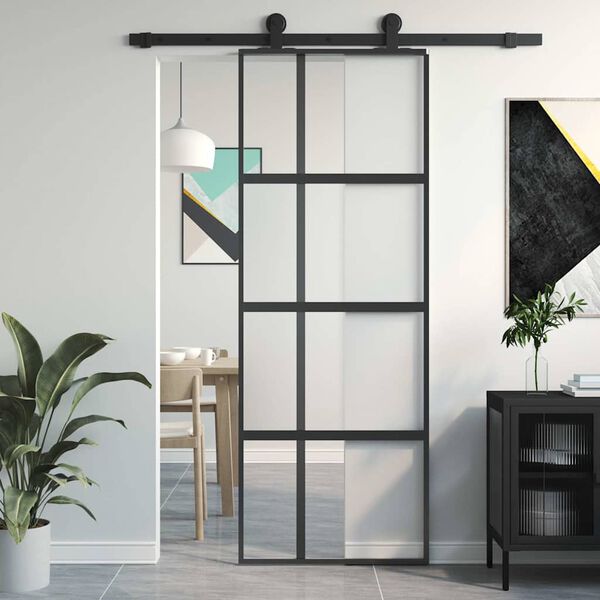 vidaXL Sliding Door Black 76x205 cm Tempered Glass and Aluminium