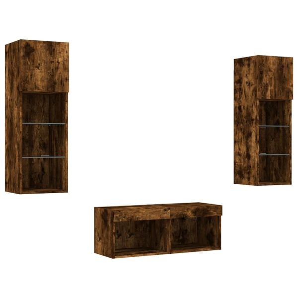 vidaXL 4 Piece TV Wall Cabinets with LED Lights Smoked Oak