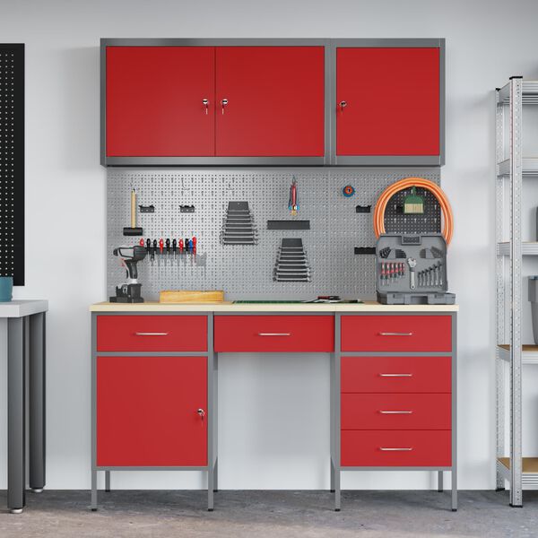 vidaXL Work Cabinet with Drawer 8 pcs Red Engineered Wood and Steel